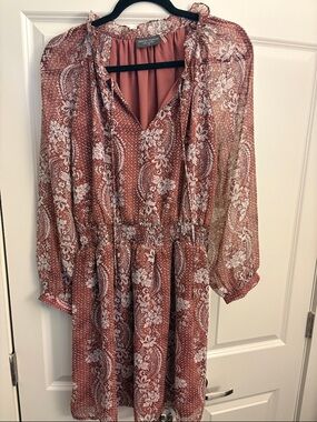 Dress Forum Rust and White Paisley Long-Sleeve Tie-Neck Dress